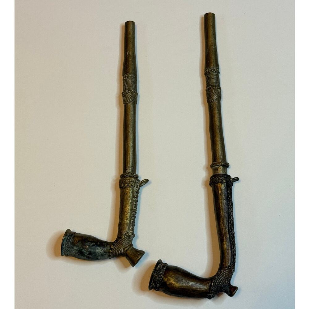 Vintage RARE Pair of Brass Metal Smoking Pipes